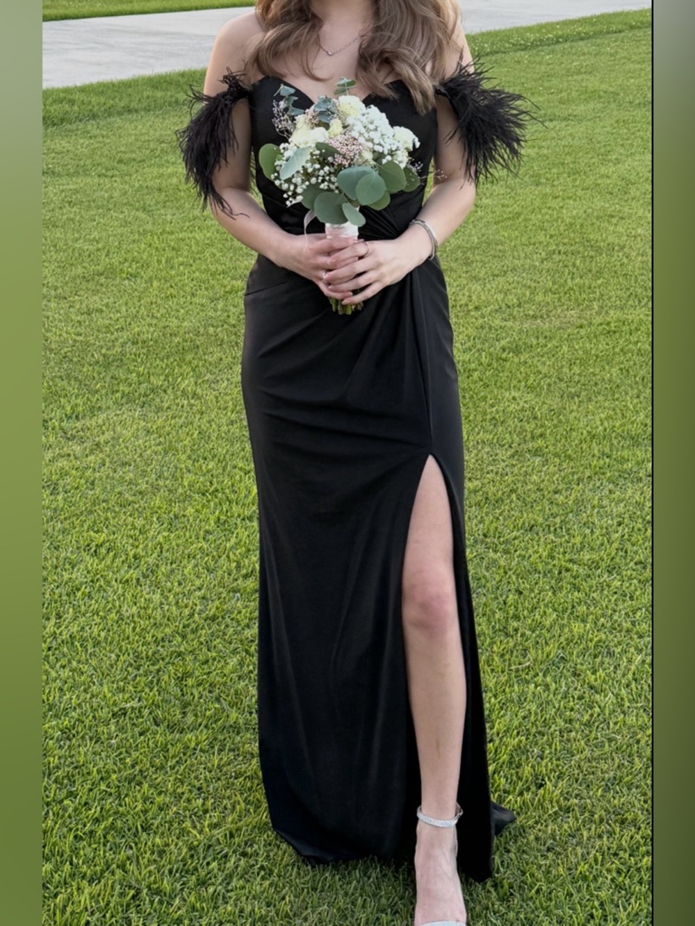 Sherri Hill Elegant Black Off-Shoulder Feather Trim Evening Gown PROM DRESS
